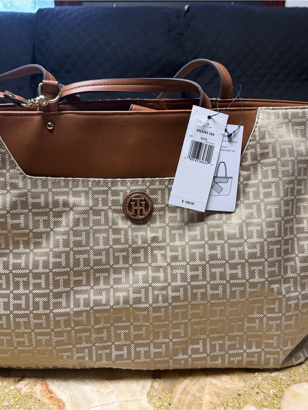 Tommy Hilfiger Cream Monogram Tote with Tan Trim